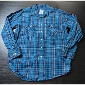 Rough Stock Panhandle Slim Men’s Blue Pearl Snap Button Up Shirt Size L Plaid